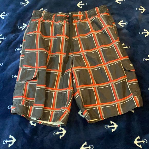 Beverly Hills Polo Club Plaid Swim Trunks - Black and Red - Picture 1 of 4